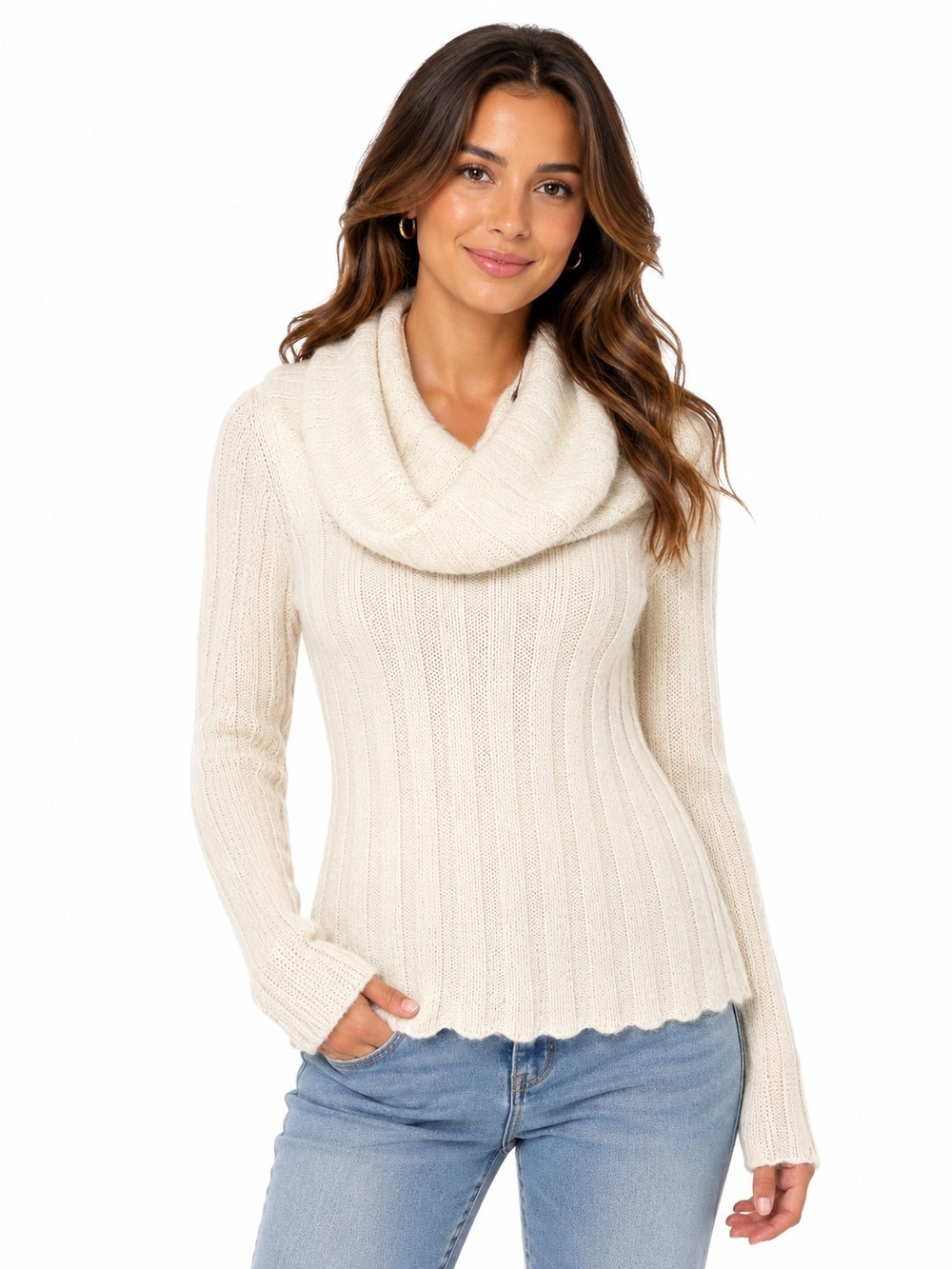 The Limited Cream Cowl Neck Ribbed Sweater